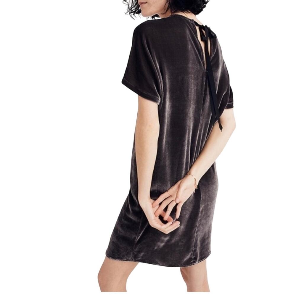 Madewell Velvet Silk Blend Mini Dress Gunmetal Gray Bow Tie Shift Womens Size XS - Picture 11 of 11